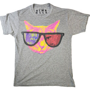 GLMR KLLS 3D Glasses Funny Kitty Cat Psychedelic Gray T-Shirt Medium